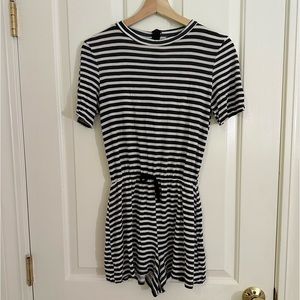 Short black and white striped romper with tie waist